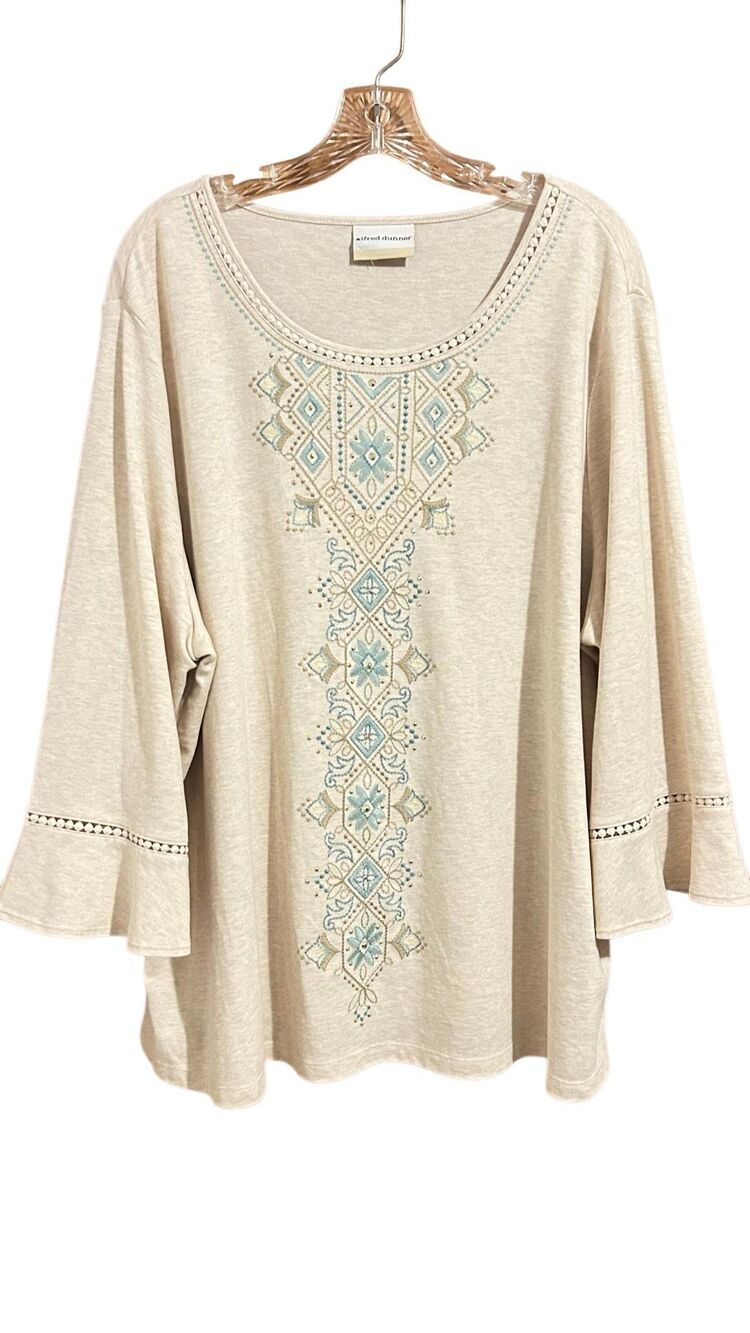 Alfred Dunner Woman 2X Boho Tunic Top Cream Embroidered Rhinestone Bell Sleeve K